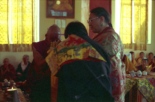 His Holiness Sakya Trizin making a mandala offering with His Holiness Dagchen Sakya as the recipient, Sakya College, Rajapur, India 1993 by Wonderlane
