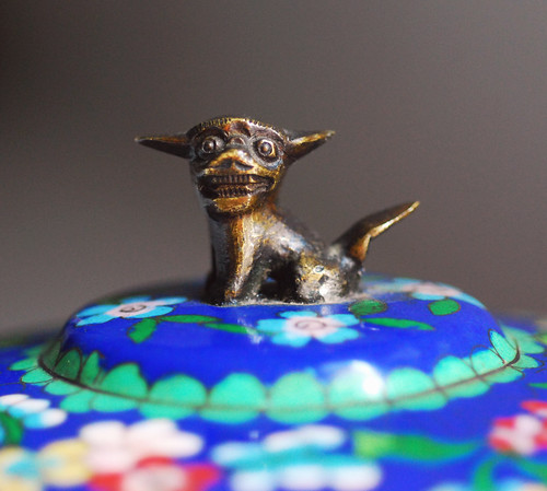 cloisonne lidded box dog detail  by kimhas7cats