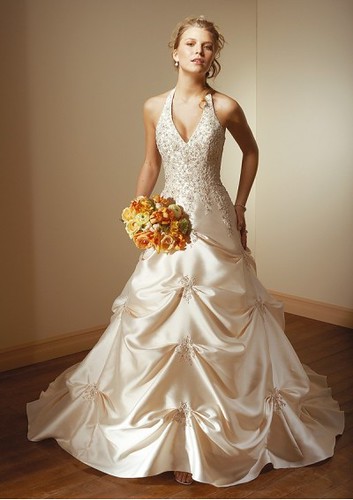 Satin Sexy V-neck Halter A line Pick up Skirt with Chapel Train Hot Sell Wedding Dress WL-0060