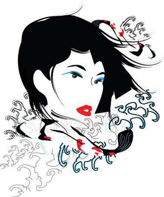 Vector illustration of minimalist koi and woman amongst Japanese style 