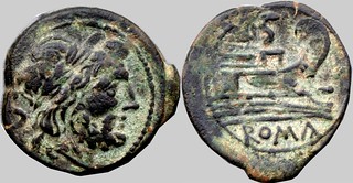 56/3 overstrike anonymous Semis. Anonymous Semuncial overstrike Saturn Prow, possibly Second Punic War overstrike. AM#9002-89 mm 8g88