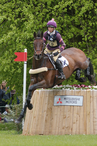 Ginny Howe and Cavort at the Sunken Lane during the cross-country phase of Badminton Horse Trials 2009.