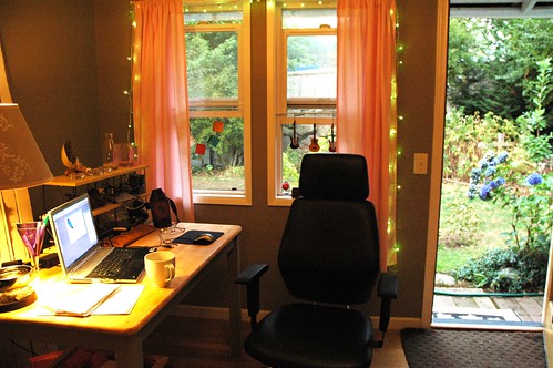 Laptop, home office with pink drapes, my environment, Mountlake Terrace, Seattle area, Washington State, USA by Wonderlane