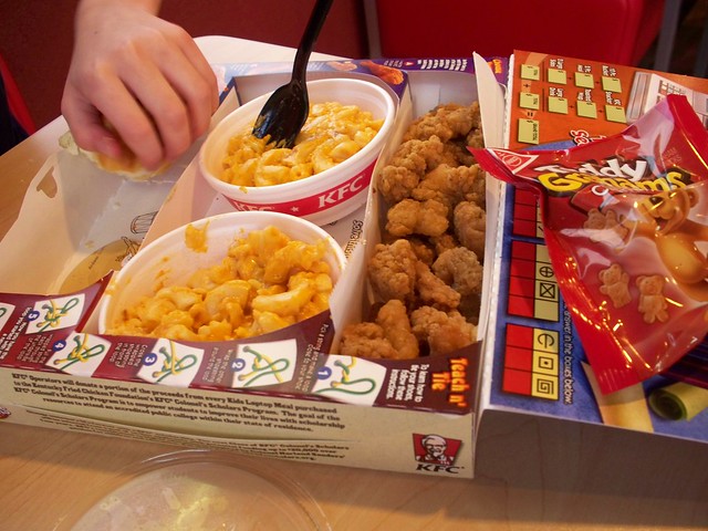 KFC laptop meal -- popcorn chicken and double sides of mac n cheese