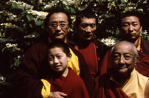 Closeup: HH Dilgo Khyentse Rinpoche and HH Dagchen Sakya with entourage, Sakya Palace (residence), Seattle, Washington, USA circa 1976 by Wonderlane