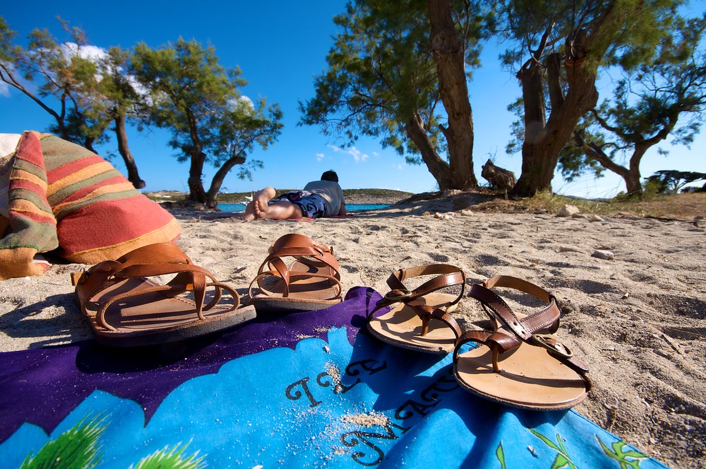 Greek sandals on the beach