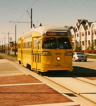 Eastbound yellow PCC electric streetcar.  Kenosha Wisconsin USA. October 2003. by Eddie from Chicago