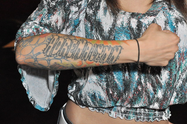 A closeup of Adrenalynn's namesake tattoo on her right arm