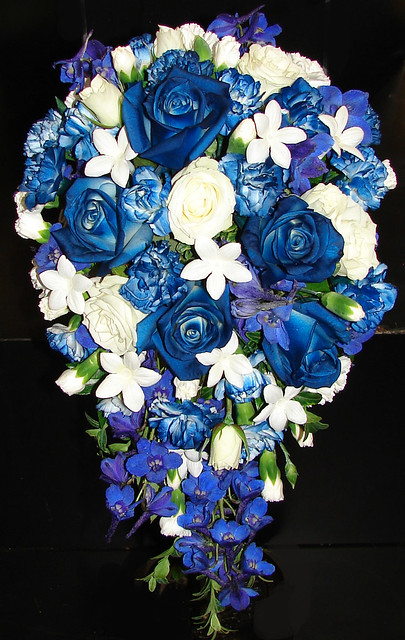 Blue and White Wedding Bouquet Spray Dyed roses