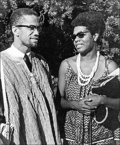Malcolm X of the Organization of Afro-American Unity and the Muslim Mosque, Inc. talks with Maya Angelou, writer and actress, in Ghana during May 1964 when Malcolm visited the country. by Pan-African News Wire File Photos