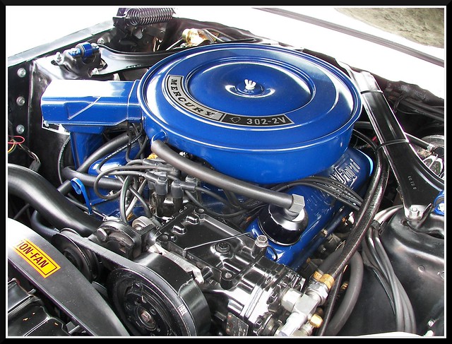 A spotless 302 V8 engine in a spotless 1968 Mercury Cougar