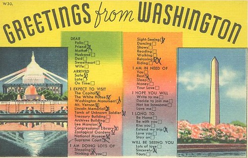 Greetings from Washington postcard with a 
list of things people are doing