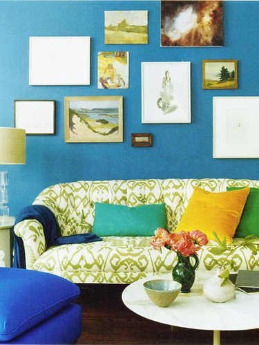 Playful color: Modern 'Bali' print + bold pillows, from Domino magazine