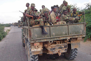 Ethiopian troops said to be in a Somalia town. The Ethiopian troops withdrew in January 2009 after occupying the country at the aegis of the United States. by Pan-African News Wire File Photos