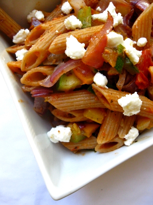 Penne with zucchini and goat cheese