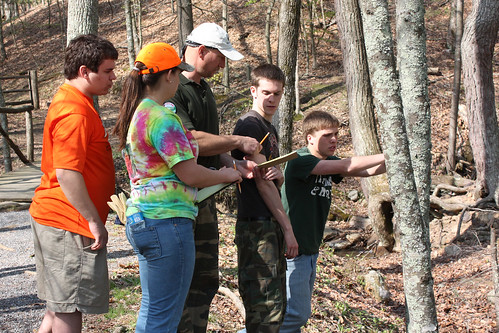 John Stanley Stahelek, Alleghany Highlands Master Naturalist, volunteering at Douthat's Earth Day with high school students from Bath County.