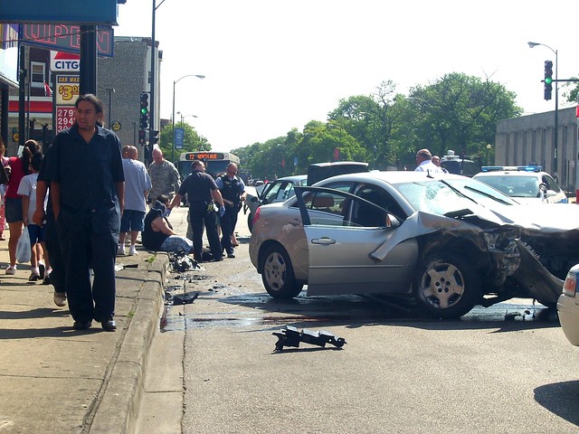 One of the frequent car crashes at North and Kedzie Avenues. Photo: Katherine Hodges. 
