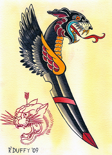 Panther Snake Winged Dagger Traditional Americana watercolor piece