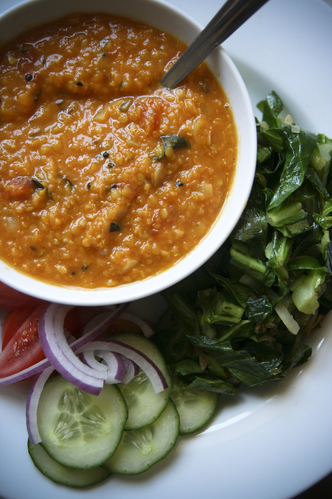 Red Lentil Dal with Greens and Raw Veggies