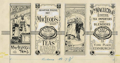 Black and white advertisement / label for MacLeod's Tea mounted on card