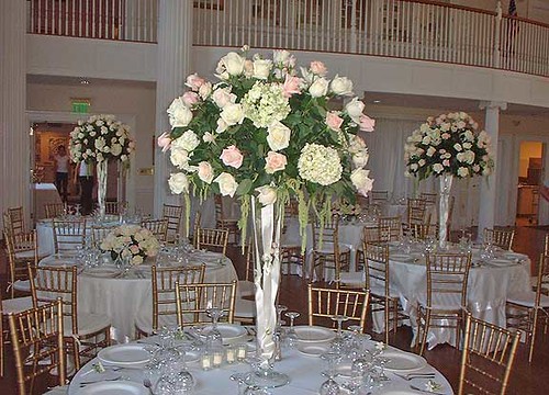 Rose Wedding Reception Flower Arrangement by Beikmann Associates