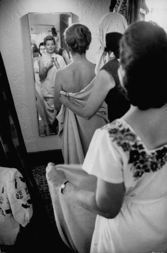 Deborah Kerr in dress shop on location during filming of motion picture The