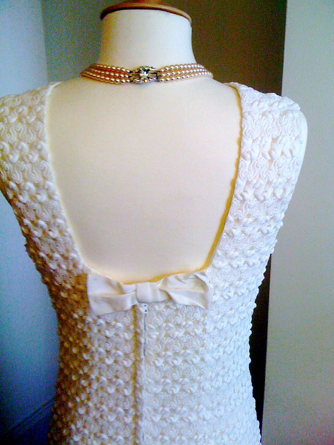 Back 60's vintage wedding dress White crocheted floor length