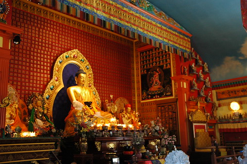 Contemporary Buddha, shrine, Vajrayogini painting, Lama's throne, Sakya Monastery of Tibetan Buddhism, Greenwood, Seattle, Washington, USA by Wonderlane