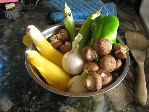 Raw Ingredients: Eggplant, Squash, Mushrooms, Pepper, Onions