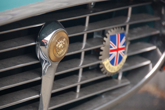Old Jaguar Etype sports car badges on radiator grille