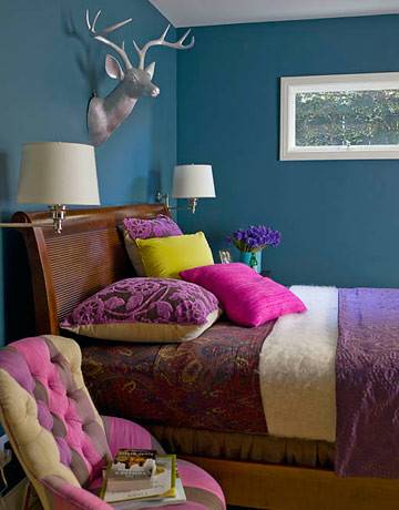 Ideas for small spaces: Bright teal blue bedroom + jewel tone accents
