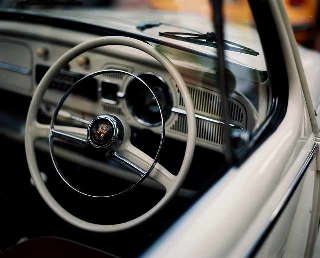 A closeup of the steering wheel of the classic Volkswagen Beetle at the KL 