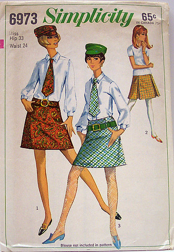 Simplicity 6973 Vintage 60's Sewing Pattern Mod set of Mini Skirts, Hat, Tie and Belt