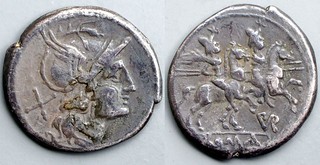 155/1 Furia PVR Denarius. Roma Dioscuri, PVR in monogram, AM#0946-40