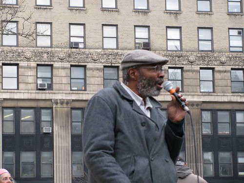 Abayomi Azikiwe, editor of the Pan-African News Wire, in Foley Square in New York City, covering the demonstration against the financial crisis on April 3, 2009. (Photo: Alan Pollock) by Pan-African News Wire File Photos
