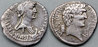 543/1 Cleopatra with Mark Antony Denarius ANTONI ARMENIA DEVICTA, CLEOPATRAE REGINAE REGVM. Cleopatra, prow, Antony, Armenian tiara. Asia 32BC. AM#9463-35
