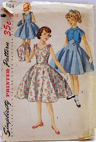 Simplicity 1184 Vintage 50's Sewing Pattern Girls One Piece Rockabilly Empire Flared Dress with Bolero Short Jacket UNCUT
