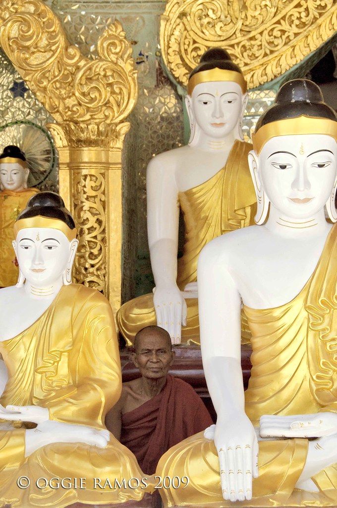 myanmar shwedagon buddhas and monk