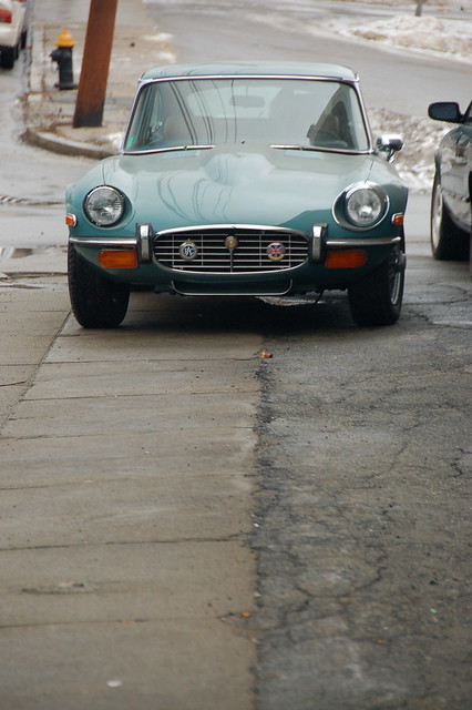 Old Jaguar Etype sports car front view back 