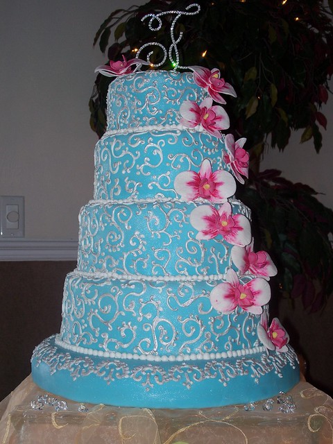 Tiffany blue wedding cake w gum paste orchids