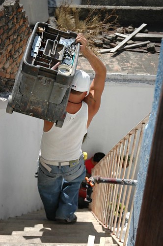 Carpenters are finished, carry toolbox down the rickety staircase, The Making of Closet, Guadalajara, Mexico by Wonderlane
