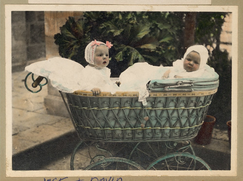 Vintage Portrait of two Babies in an Old Fashioned Antique Baby Carriage Buggy
