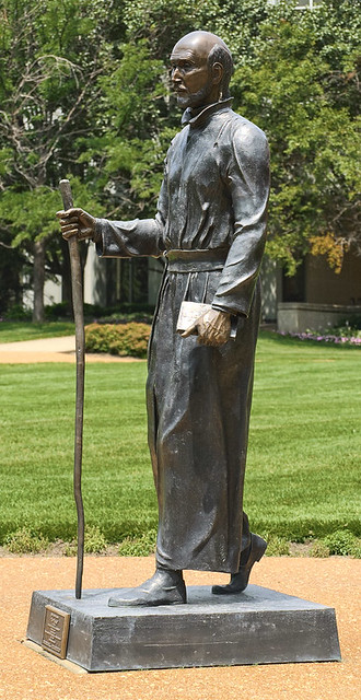 Statue of Saint Ignatius Loyola ("The Pilgrim" by Vicki Reid), at Saint Louis University, in Saint Louis, Missouri, USA