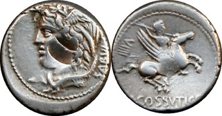 72BC 395/1 #04124-39 L.COSSVTI C.F. SABVLA Medusa Bellerephon on Pegasus Denarius