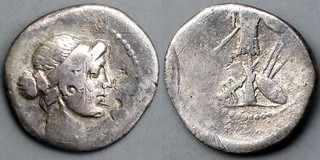 482/1 Julius Caesar or Octavian Denarius CAESAR IMP. Venus, Trophy, below chariot spears shield, AM#03126-34. Exceedingly rare.
