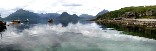 Elgol Harbour and The Cuillins, Skye. Panorama. View on black.