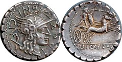 282/4 #9429-30 L.LIC.CN.DOM, L.POMPONI CNF Roma Bituitus biga Denarius. Plated.