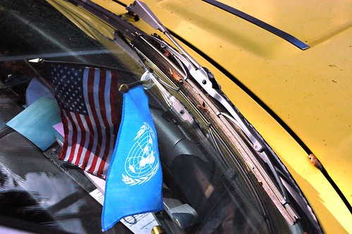 Hope for World Peace, United States and United Nations Flags, Car, San Mateo, California, USA by Wonderlane
