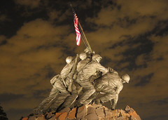 USMC Iwo Jima War Memorial at Night, World War II, Veteran Soldiers, American Flag