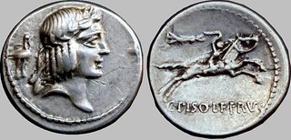 61BC 408/1 #0539-39 C.PISO L.F FRVGI Apollo horseman whip Denarius